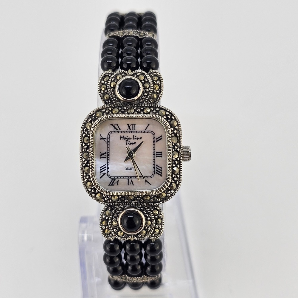 Main Line Time Women's Watch 22MM MOP Dial Black Beads Band 6.5" New Battery